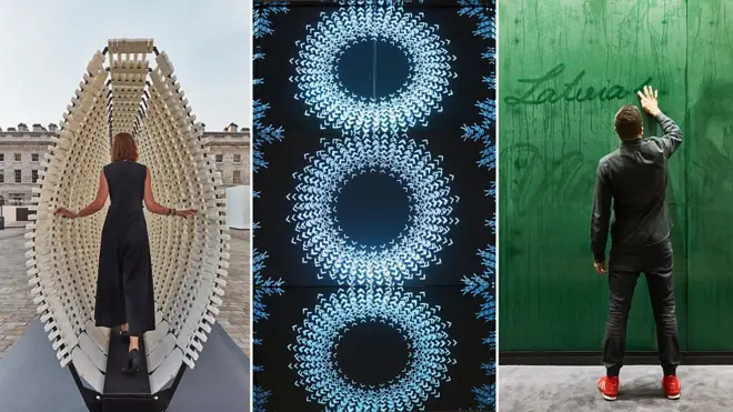 2018伦敦设计双年展的主题旨在鼓励各种令参观者身临其境的互动艺术作品。（由左至右）希腊—《不服从》（ANYΠAKOH，英文Disobedience），沙特阿拉伯—《主体与存在》（Being and Existence），拉脱维亚—《从物质到物质》（Matter to Matter）。