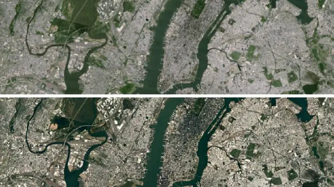 Nueva York vista desde el cielo en la versión anterior (arriba) y actual (abajo) de Google Earth.