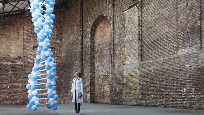 Une fille regarde une hélice d'ADN faite de ballons.