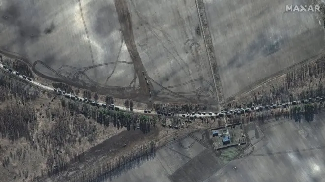 A handout satellite image made available by Maxar Technologies shows Russian ground forces in convoy near of Ivankiv, Ukraine, 27 February 2022.