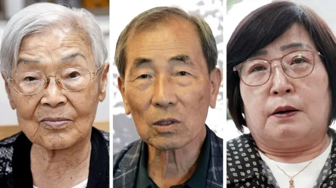 A composite image of three survivors of the Hiroshima bombing