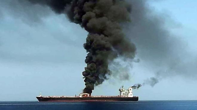 Image from Iranian State TV showing smoke billowing from a tanker in the Gulf of Oman