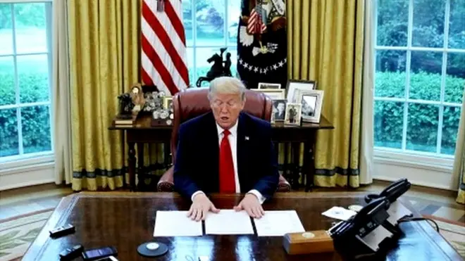 President Donald Trump in the Oval Office, 29 April 2020