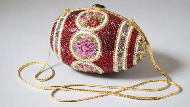 Art meets fashion in the intricate, rhinestone-encrusted Faberge Egg evening bag by Judith Leiber