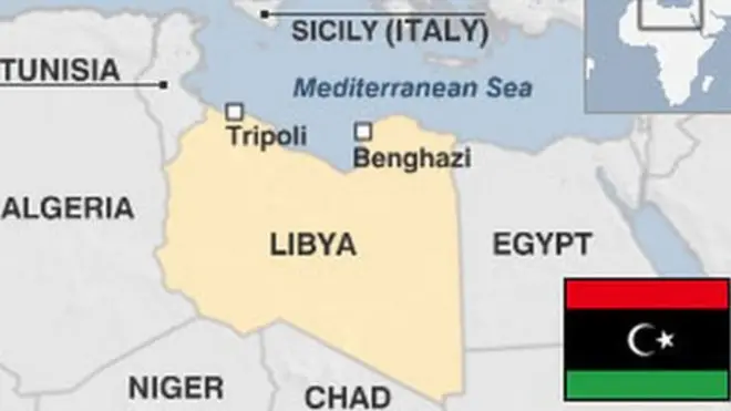 Map of Libya with pre-Gaddafi era flag