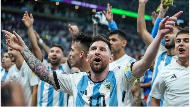 Lionel Messi and the Argentina squad celebrate after beating the Netherlands at the World Cup quarter-final in Qatar.