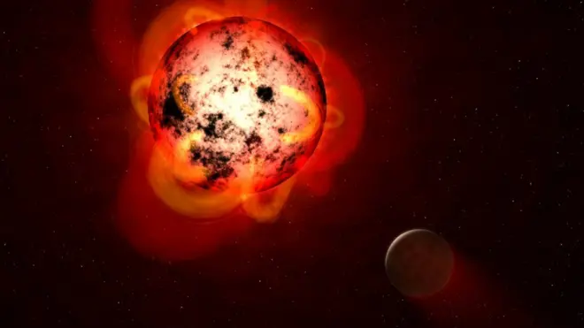 De esta forma podría verse una enana roja rodeada de uno de sus exoplanetas. "La gran mayoría de los exoplanetas de masa y tamaño similar a la Tierra detectados hasta el momento orbitan estrellas enanas rojas", señaló Souto.
