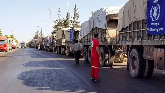 Convoy of 31 trucks preparing to set off to deliver aid to the western rural side of Aleppo, Syria, 19 September 2016