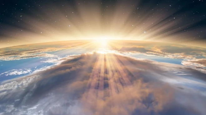 รูปชั้นบรรยากาศมีดวงอาทิตย์ขึ้น