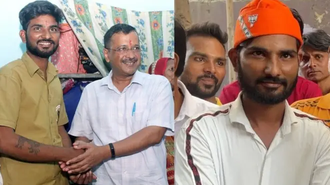 एक तरफ़ केजरीवाल के साथ दूसरी तरफ बीजेपी की टोपी में ऑटो रिक्शा चालक विक्रम