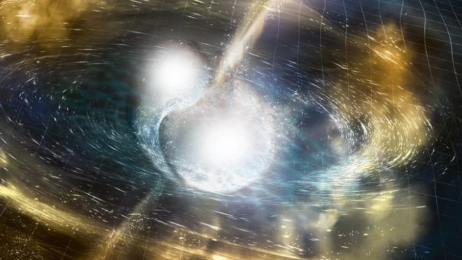 (ภาพจากฝีมือศิลปิน) การหมุนเข้ารวมตัวกันของดาวนิวตรอนทำให้กาล-อวกาศกระเพื่อมขึ้นลงเป็นคลื่น