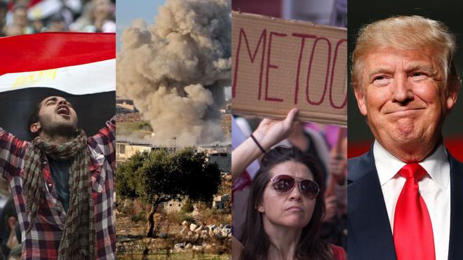 Sobreposición de imágenes de la década: primavera árabe, guerra en Siria, #MeToo y Donald Trump