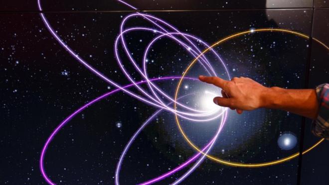 Mike Brown, professeur d'astronomie planétaire, pointe vers l'anneau en or montrant la trajectoire orbitale de la planète neuf à Caltec, le mardi 19 janvier 2016 à Pasadena, Californie