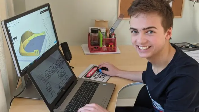 Theo, an aspiring engineer, used a 3D printer he received for Christmas to produce the first tranche of visors