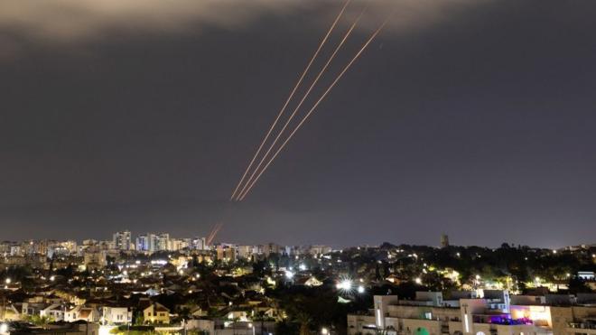 Israel's anti-missile system operating over Ashkelon, 14 Apr 24