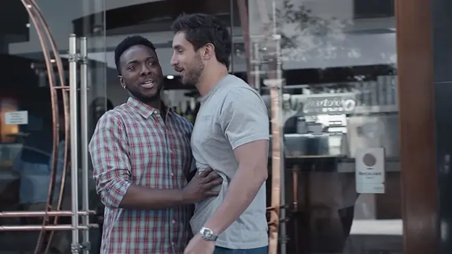 In the advert, one man stops his friend from harassing a woman in the street