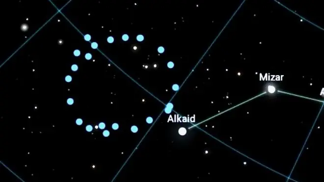 An artist's impression highlighting the positions of the Big Ring (in blue) and Giant Arc (shown in red) in the sky.