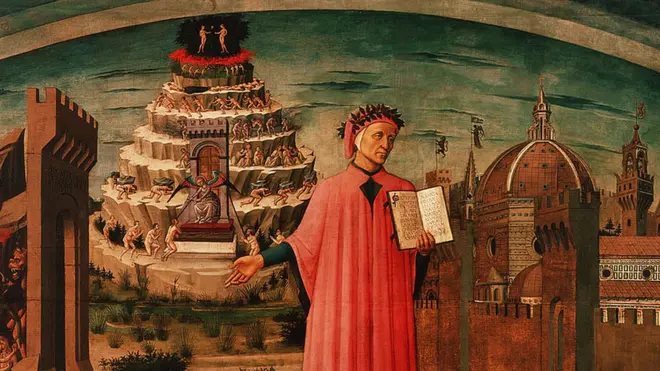 Alegoría de "La Divina Comedia" y Florencia de Domenico di Michelino. Dante sostiene su obra. A un lado está Florencia y al otro, una visión del infierno. Detrás de Dante, humanos que intentan ascender al cielo.