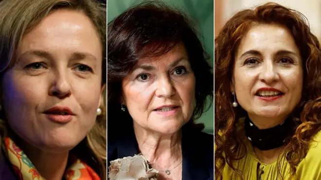 Three of the new ministers in the new Spanish government: L-R Nadia Calviño, Carmen Calvo and • María Jesús Montero
