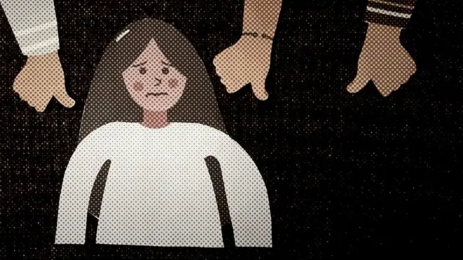 رسمة فتاة على خلفية سوداء وأياد تؤشر عليها بالإبهام