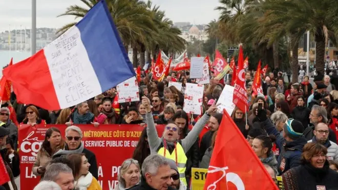 Protesters with flags on the Promenade des Anglais in Nice