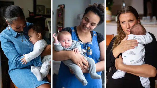 A composite showing portraits of Naomi and her son Akirou, Steph and her daughter Nora, and Tash and her son Ziggy