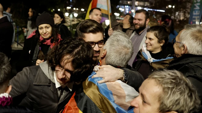 Supporters of the Equality in Civil Marriage bill outside the Greek Parliament ahead of the vote on Thursday