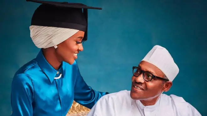 Hanan Buhari wey be one of di girl pikins of Buhari bin recently graduate with Frst Class kpali from one foreign university and na professional photographer she be.