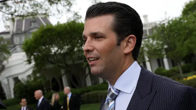 Donald Trump Jr talks with reporters on the South Lawn of the White House April 17, 2017 in Washington, DC