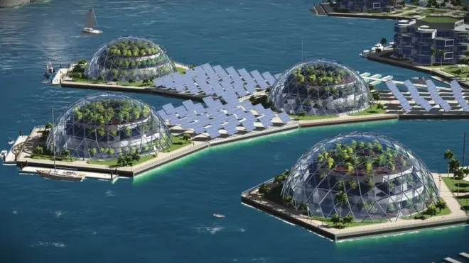 La energía solar y eólica será fundamental en esta futurista ciudad flotante.
