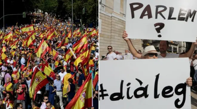 Митинги в Мадриде проходят под лозунгами в поддержку единства страны, в то время, как демонстранты в Барселоне призывают к политическому диалогу