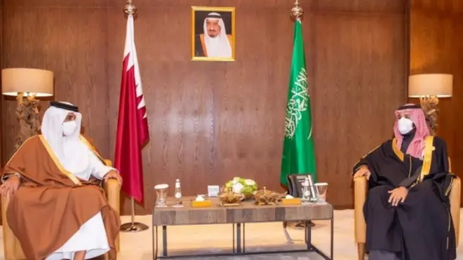 سعودی ولی عہد محمد بن سلمان قطری امیر شیخ تمیم بن حمد الثانی