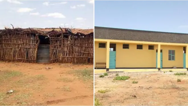 በቦረና ዞን በዱቡሉቅ ወረዳ የሚገን ትምህርት ቤት ከመታደሱ በፊት (በስተግራ) ከታደሰ በኋላ (በስተቀኝ)