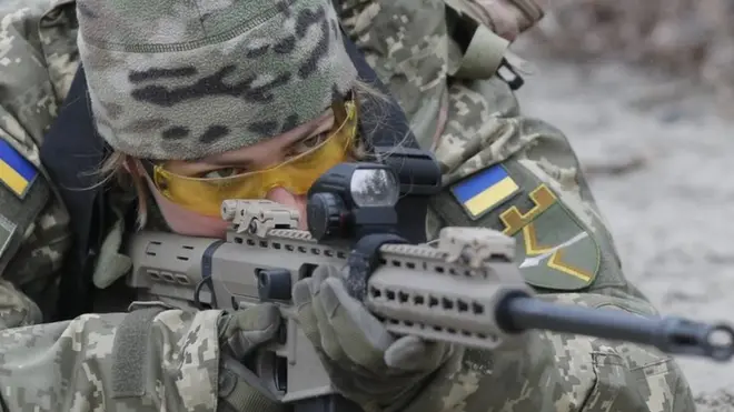 A Ukrainian military reservist during a military exercise on Saturday