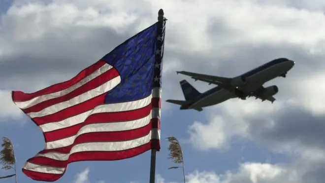 Самолет на фоне флага США