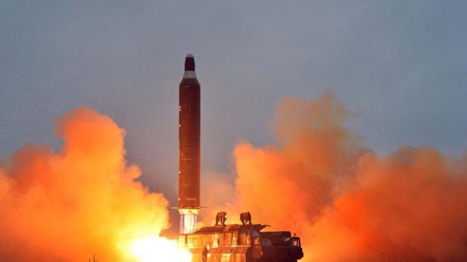 This undated picture released from North Korea's official Korean Central News Agency (KCNA) on June 23, 2016 shows a test launch of the surface-to-surface medium long-range strategic ballistic missile