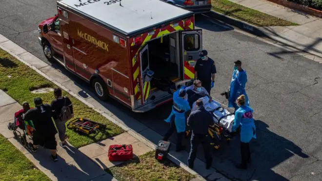 LA County ambulance workers transport a suspected Covid patient to hospital