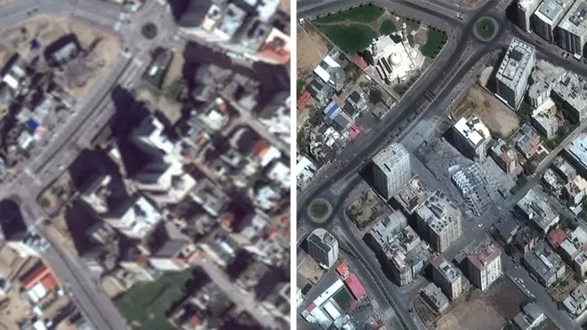 Left: Google Earth image of Gaza in 2016; right: Maxar image captured 12 May 2021.