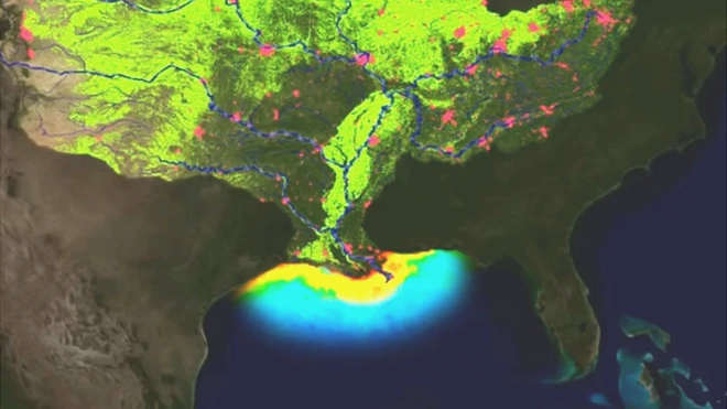 Ilustración que muestra las áreas urbanas y zonas agrícolas que producen las sustancias que descargan los ríos en el Golfo de México