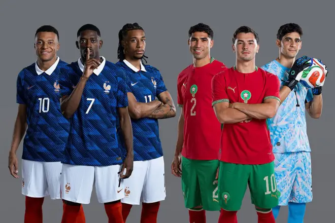 Sur ce photomontage figurent, de gauche à droite, les joueurs français Kylian Mbappé, Ousmane Dembélé et Michael Olise, ainsi que les joueurs marocains Achraf Hakimi, Brahim Diaz et Yassine Bounou, en amont du quart de finale de la Coupe du Monde de la FIFA 2026 opposant la France au Maroc, prévu le 6 juillet 2026 aux États-Unis. 