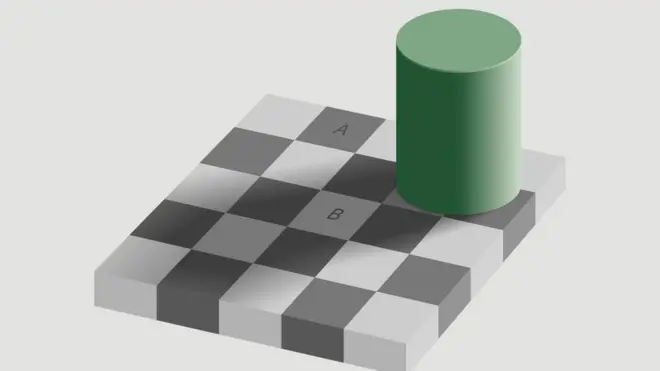 في "خدعة رقعة الشطرنج"، ترى أدمغتنا أن ثمة اختلافاً في الألوان بين المربع "A" والمربع "B"، رغم أنهما يصطبغان باللونٍ نفسه تماماً