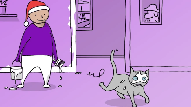 Рисунок: человек с ведром краски и кистью в руках и удирающая кошка тоже в краске