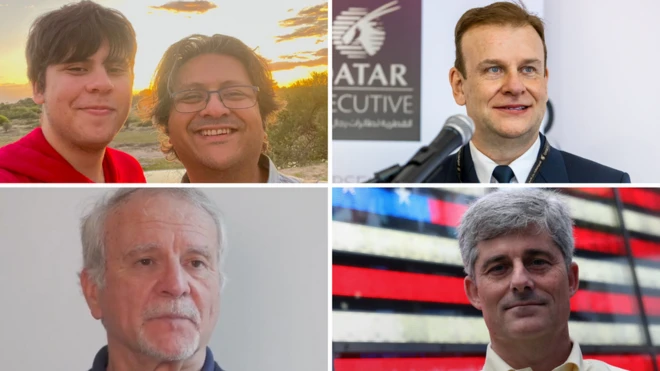 Searah jarum jam: Shahzada dan Suleman Dawood, Hamish Harding, Paul-Henry Nargeolet, dan Stockton Rush.