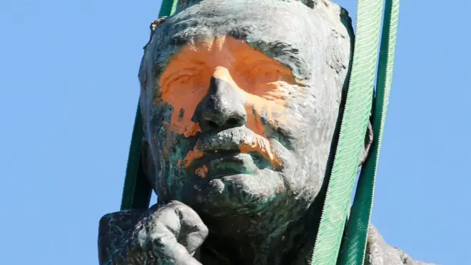 The Cecil John Rhodes statue being removed at the university of Cape Town on9 April 2015 in Cape Town, South Africa