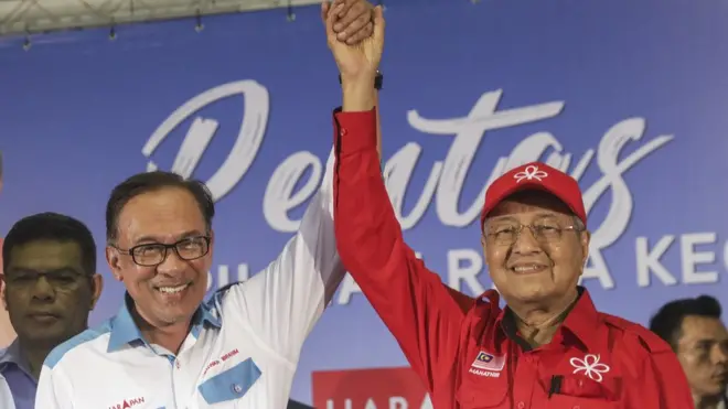 安瓦爾（圖左）被視為接替馬來西亞總理馬哈蒂爾（圖右）的人選。