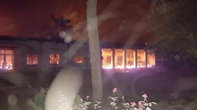 The MSF hospital is seen in flames after explosions in the northern Afghan city of Kunduz (03 October 2015)