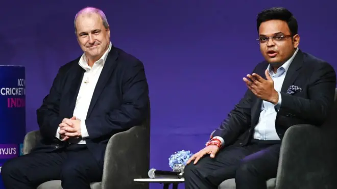 BCCI के सेक्रेट्री जय शाह (दाएं) और ICC के चीफ़ एग़्जिक्यूटिव ज्योफ़ अलार्डिस