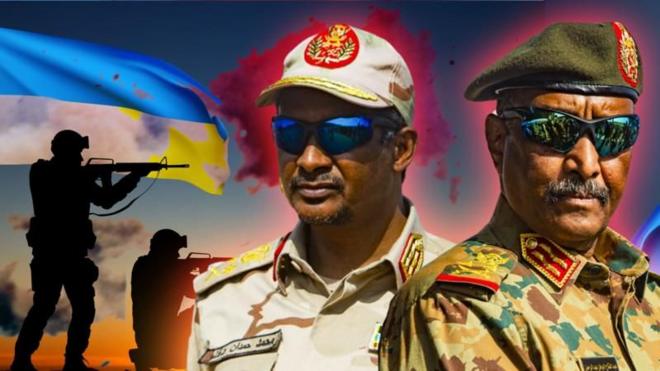 Ilustração com generais e bandeira do Sudão