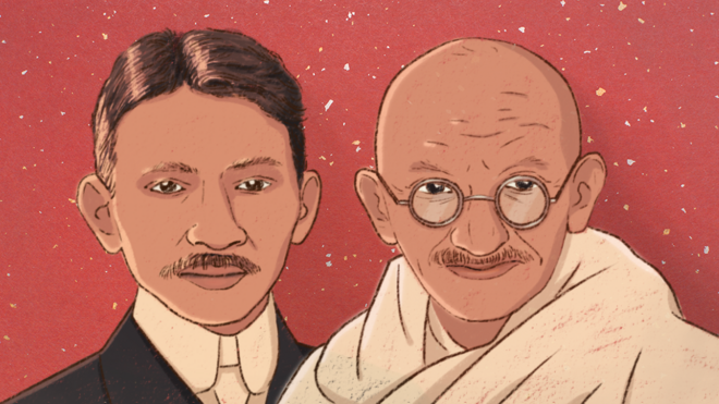 An illustration of Mahatma Gandhi as a young man and an older man