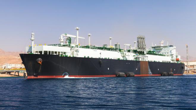 Loading of huge oil tanker in a port in Jordan